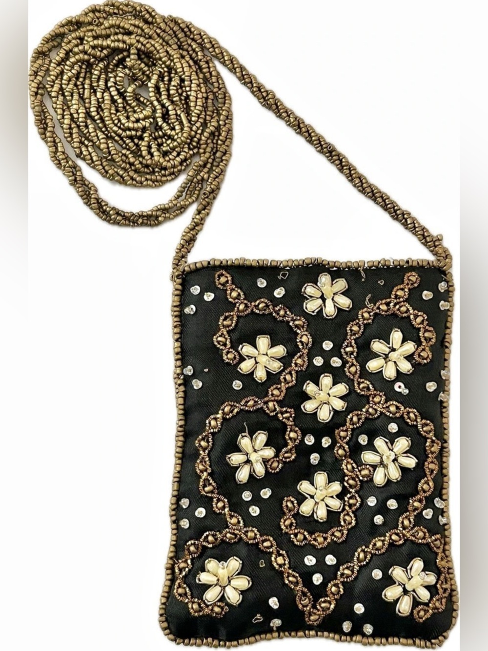 Bougainvillea Beaded Floral Crossbody Pouch in Black & Gold